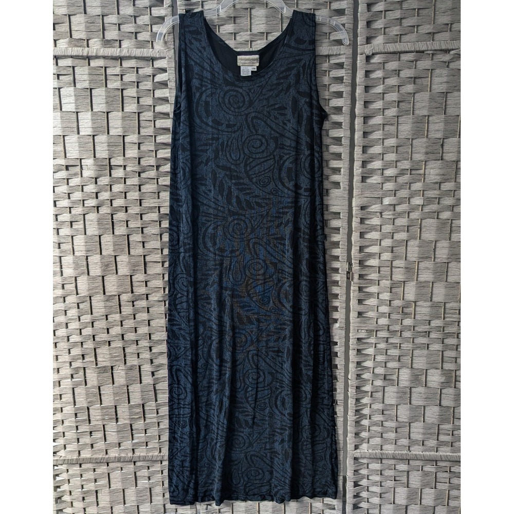 Vtg Coldwater Creek Maxi Shift Dress Blue Black Paisley Sleeveless Sz PM Slinky